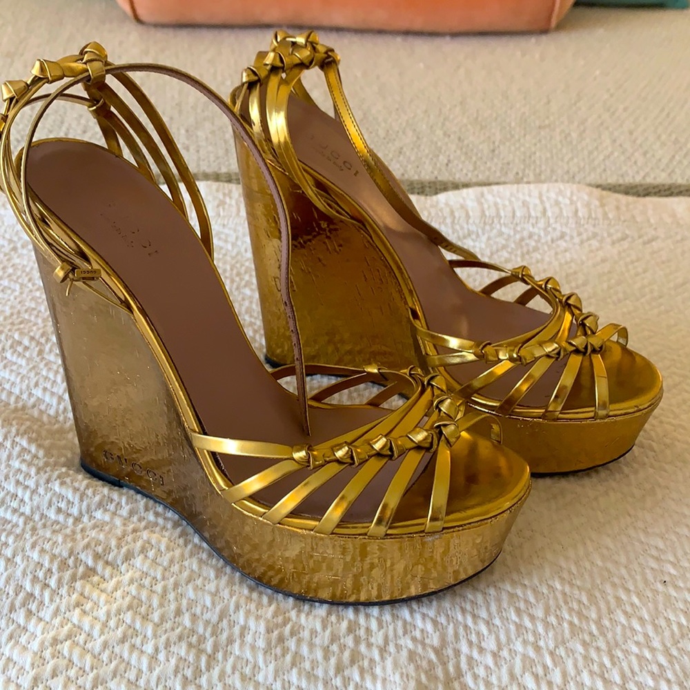 Gucci gold platform wedges